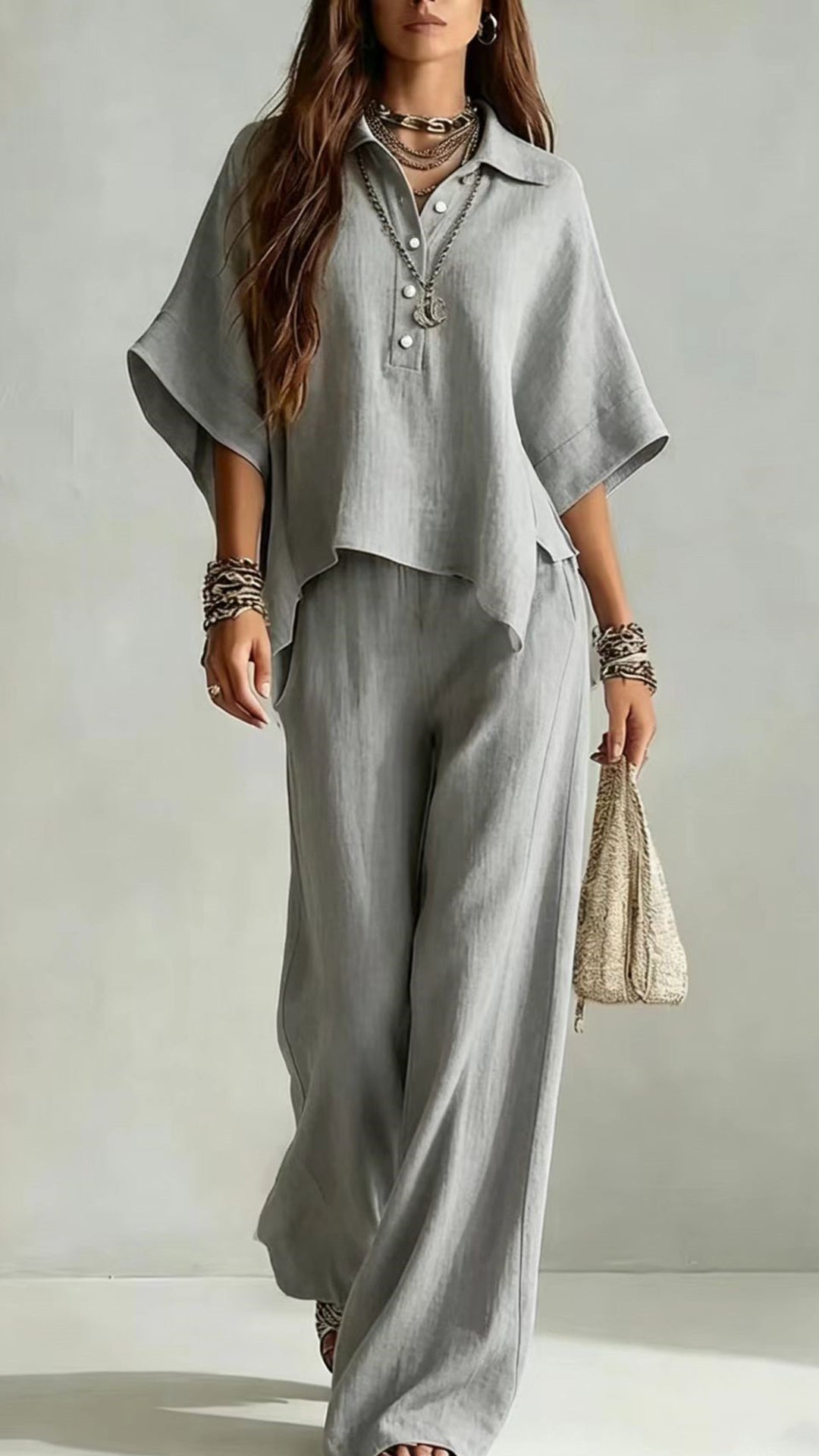 Women's Cotton-Blend Henley Neck Wide-Leg Pants Set