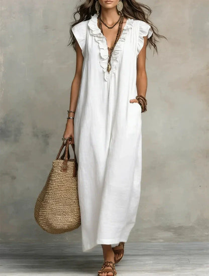 Cotton-Blend Ruffle V-Neck Maxi Dress