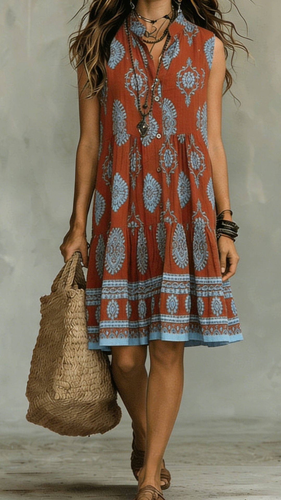 Bohemian-Style Printed Sleeveless Midi dress
