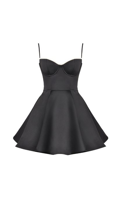 LACE TRIM BUSTIER A LINE DRESS IN BLACK