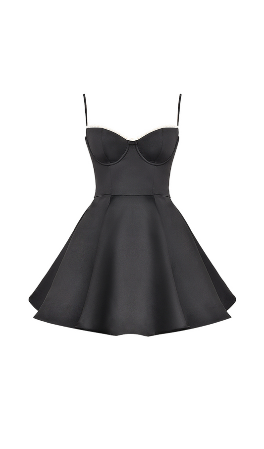 LACE TRIM BUSTIER A LINE DRESS IN BLACK