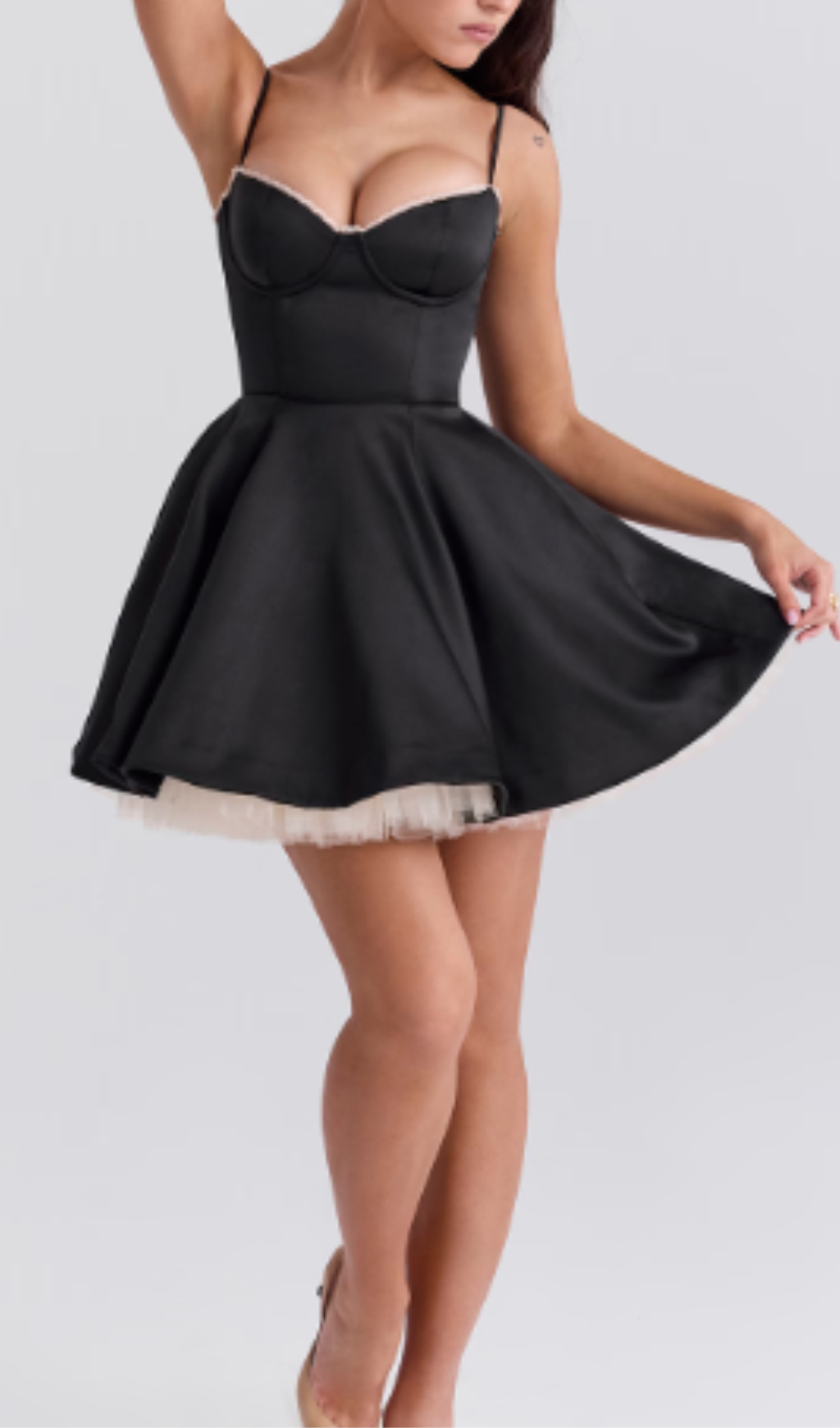 LACE TRIM BUSTIER A LINE DRESS IN BLACK