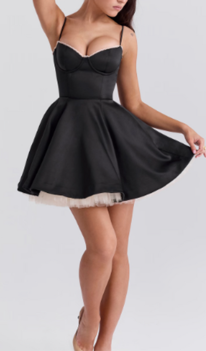 LACE TRIM BUSTIER A LINE DRESS IN BLACK