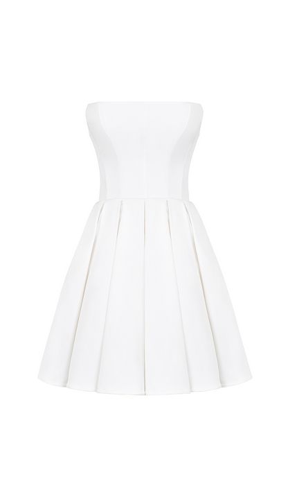 WHITE STRAPLESS PLEATED MINI DRESS