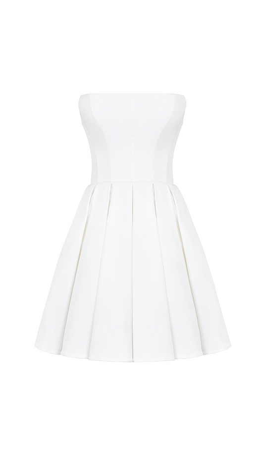 WHITE STRAPLESS PLEATED MINI DRESS