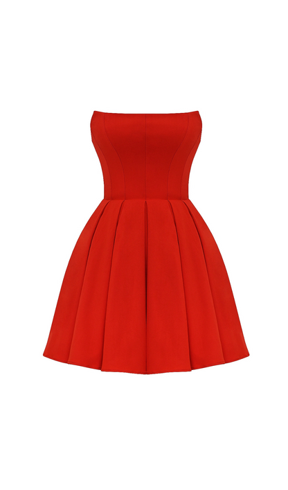 TOMATO STRAPLESS PLEATED MINI DRESS