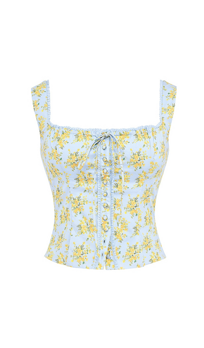 SOFT BLUE VINTAGE FLORAL PRINT COTTON TOP