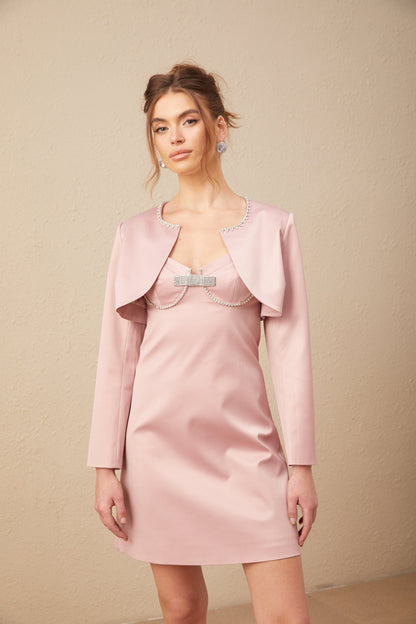 Ysalis pink satin embellished cardigan & dress matching set