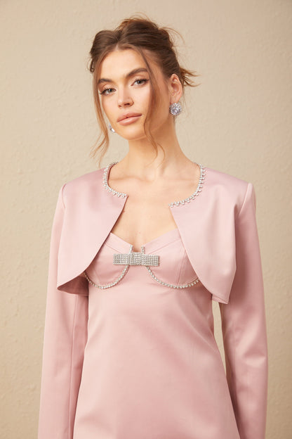 Ysalis pink satin embellished cardigan & dress matching set