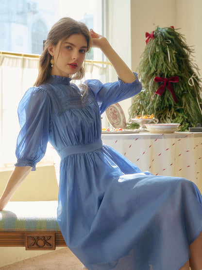 Averie Lace Panel Blue Cotton Dress