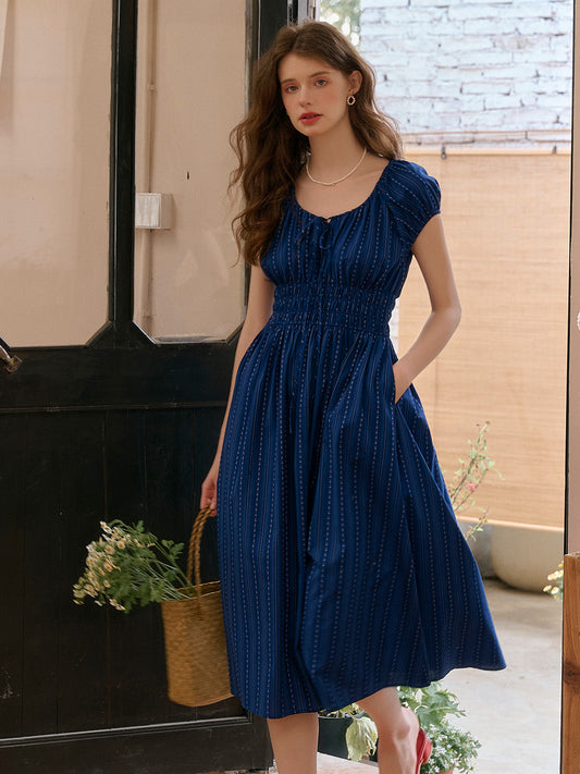 Sapphire Round Neck Waist Cotton Dress