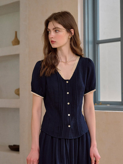 Madelyn V-Neck Lace Linen Top