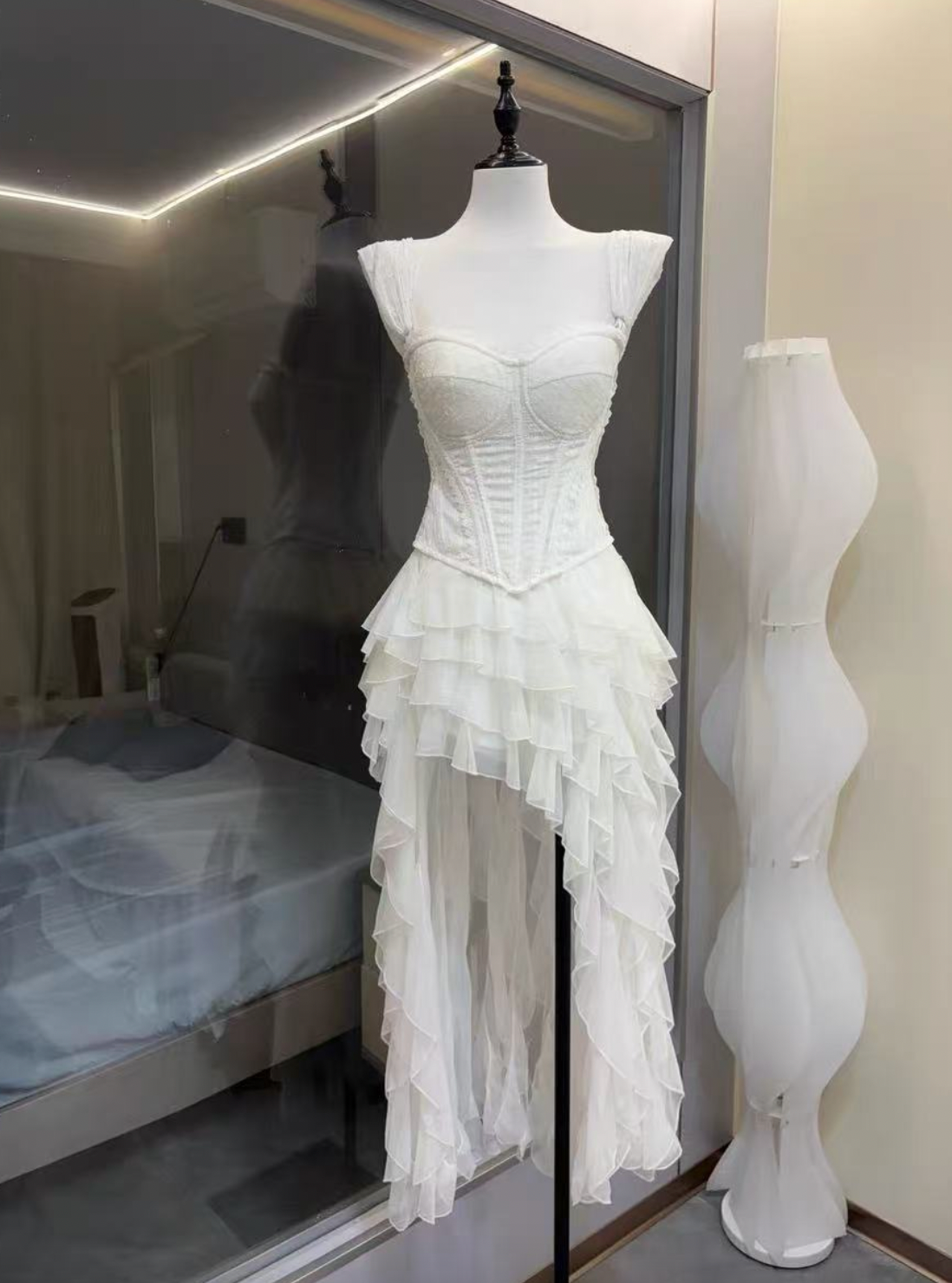 White Lace Corset & High-Low Ruffle Tulle Skirt Two-Piece Set