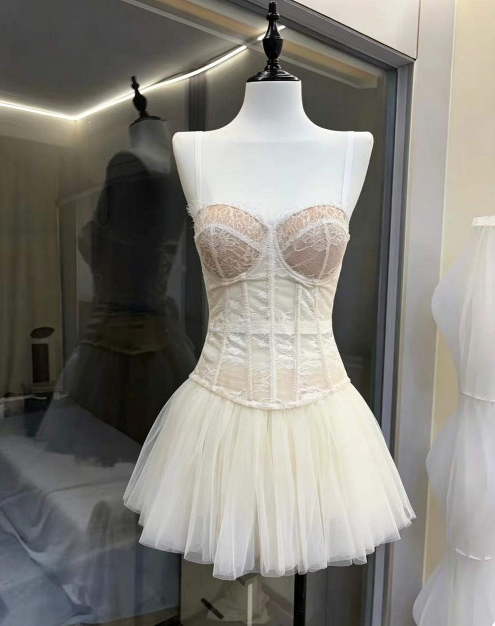 White Wide Strap Floral Lace Corset Top & Voluminous Tulle Mini Skirt Set