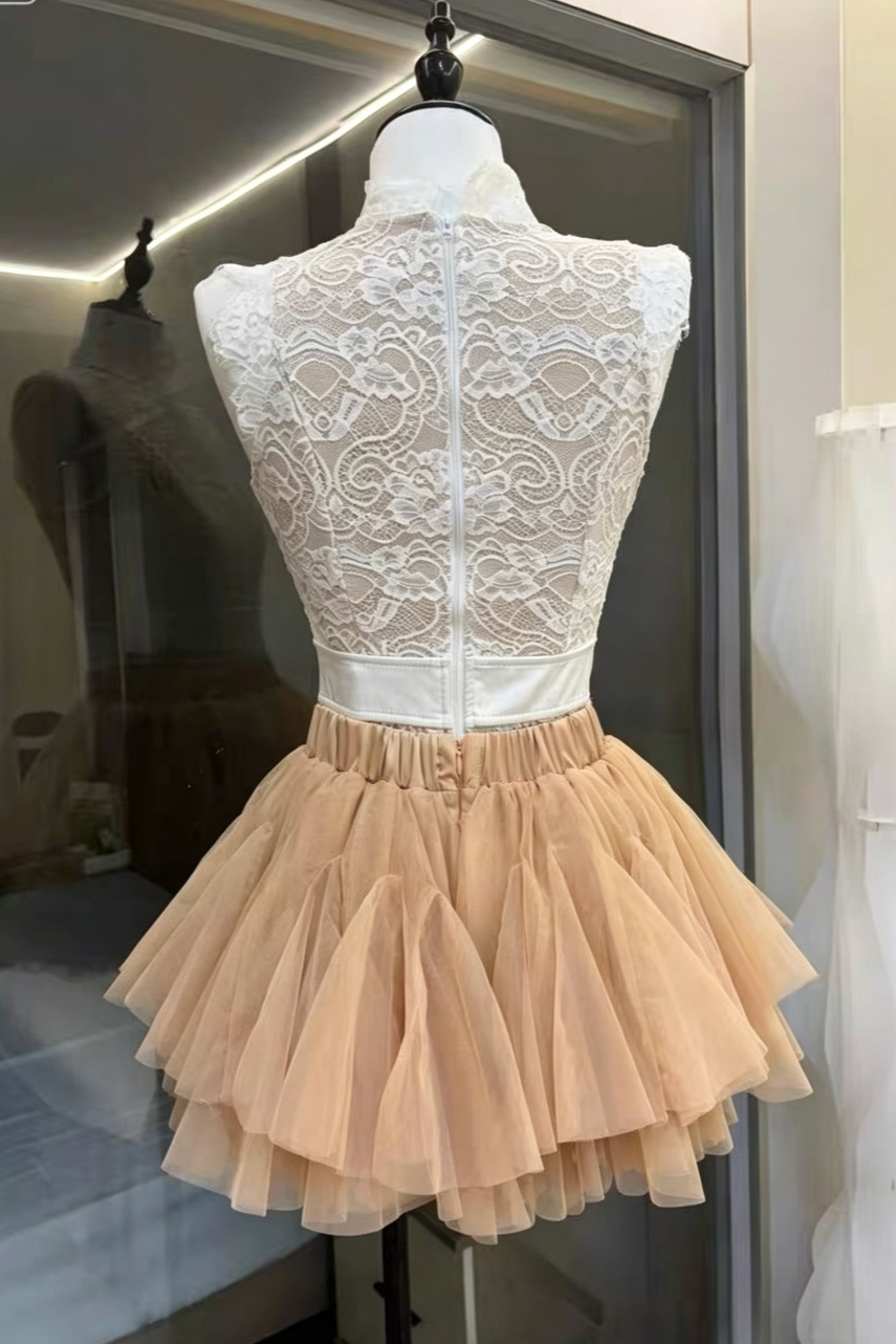 High Neck Lace Top & Puffy Tulle Skirt Two-Piece Set