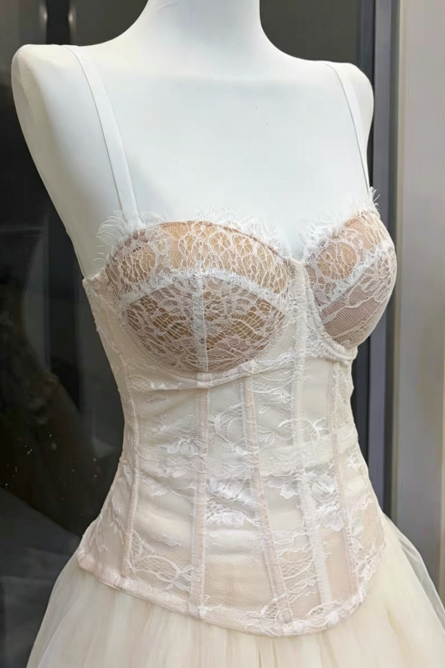 White Wide Strap Floral Lace Corset Top & Voluminous Tulle Mini Skirt Set