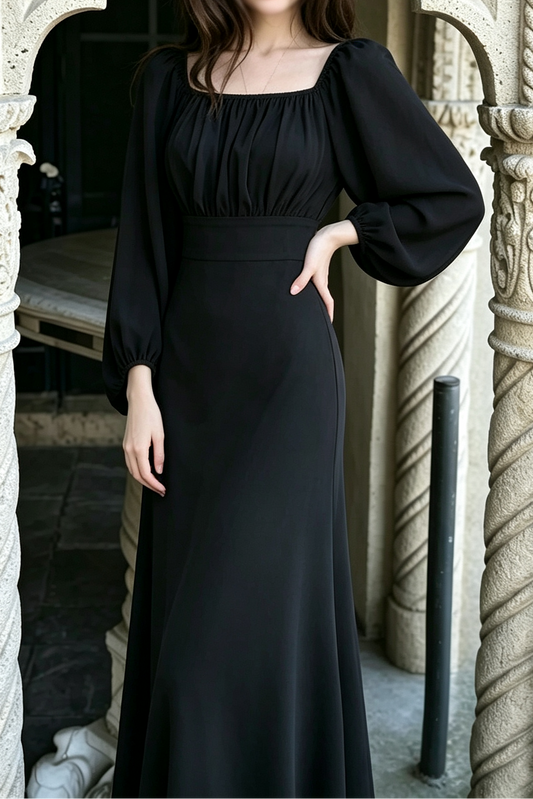 Square Neck Puff Long Sleeve High Waist Eco Recycled Cotton Dress - Black