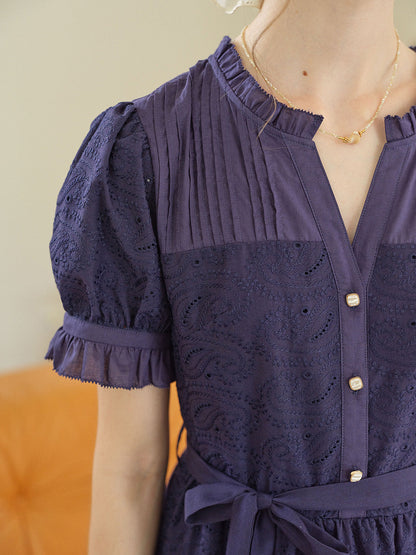 Aitana Rose Embroidered V-neck Puff Sleeve Lace Cotton Dress