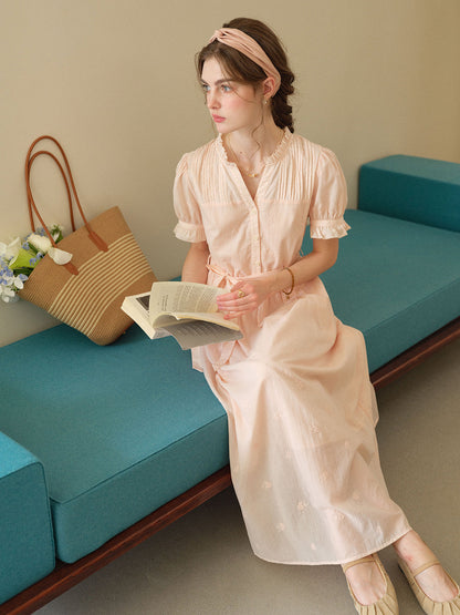 Aitana Rose Embroidered V-neck Puff Sleeve Lace Cotton Dress
