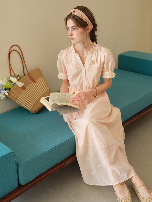 Aitana Rose Embroidered V-neck Puff Sleeve Lace Cotton Dress