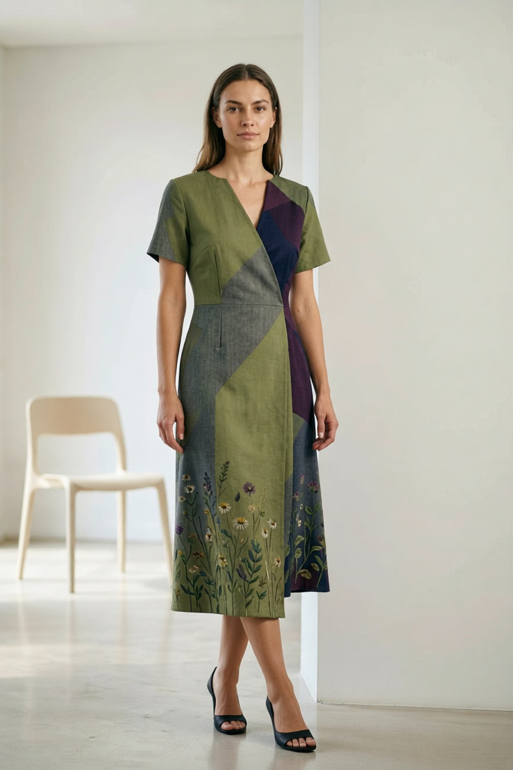 Linen Cotton Midi Dress with Abstract Color Block Design & Botanical Floral Hem