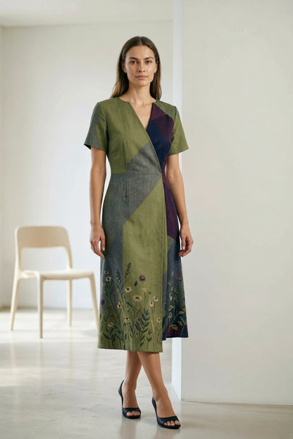 Linen Cotton Midi Dress with Abstract Color Block Design & Botanical Floral Hem