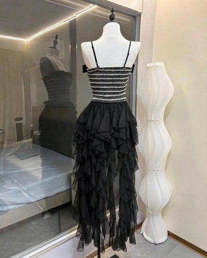 Rhinestone Bow Tweed Top & High-Low Ruffle Tulle Skirt Two-Piece Set