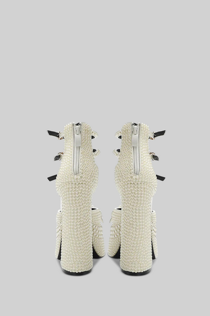 Pearl embellishment platform pumps - White