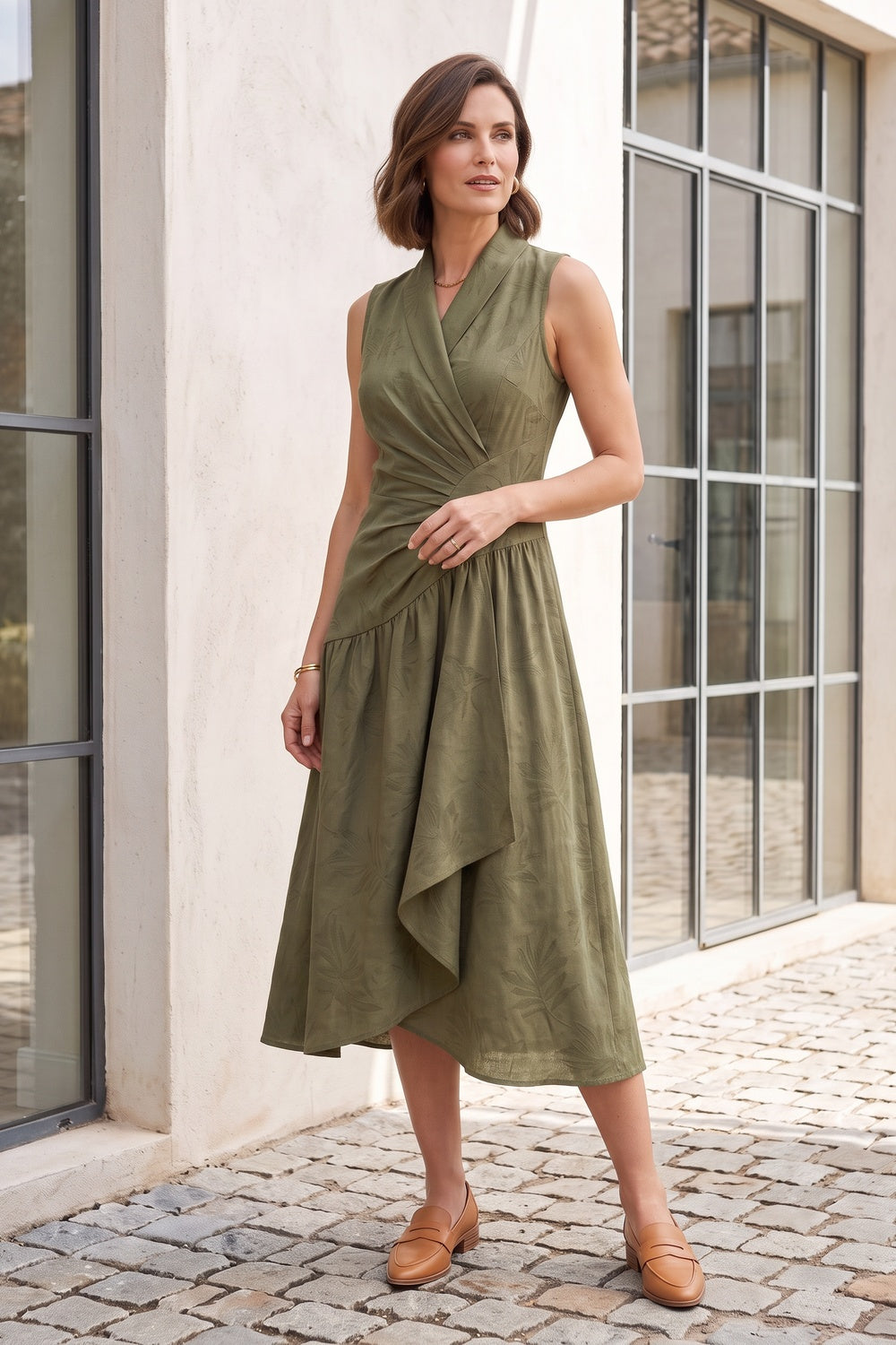 French Riviera matte crepe Midi Dress for urban workday sea-glass green matte crepe, compact viscose or washed satin with low shine Midi Dress - product view 2