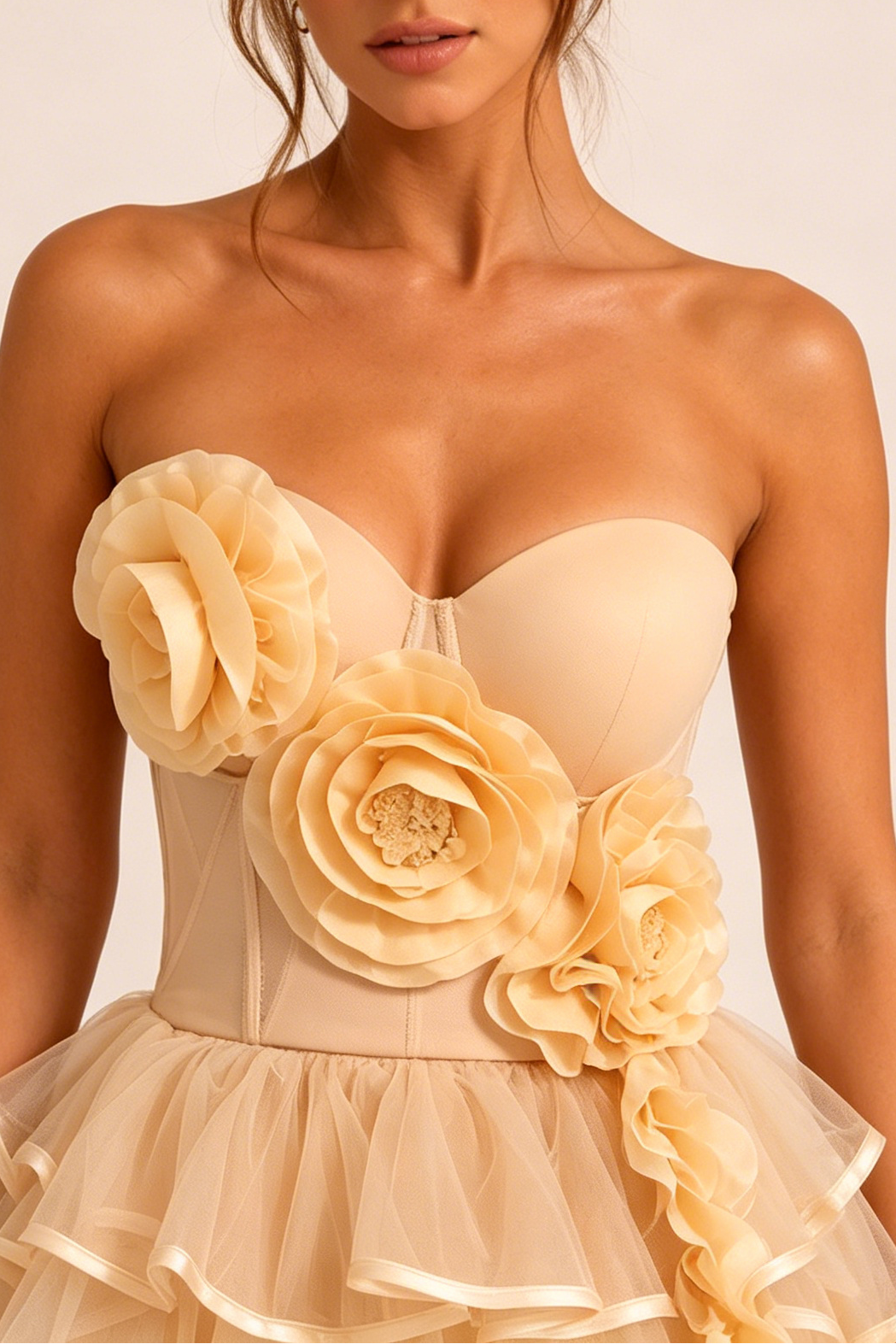 Champagne Strapless 3D Floral Corset Top & High Low Ruffle Tulle Skirt Set