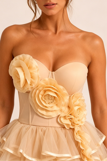 Champagne Strapless 3D Floral Corset Top & High Low Ruffle Tulle Skirt Set
