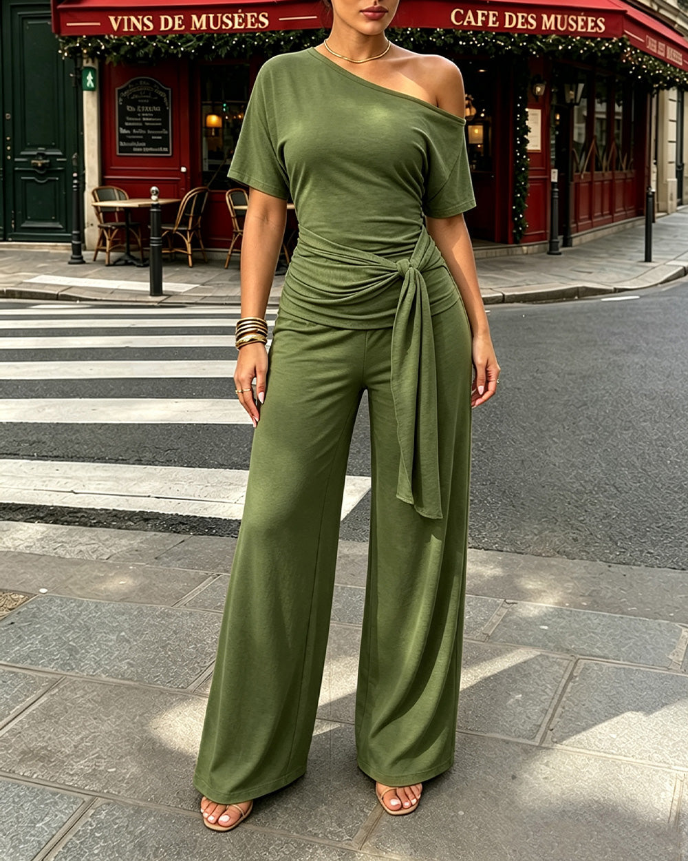 Women's Skew Neck 2 Piece Outfits Ruched Tie Waist Short Sleeve Top and High Waisted Wide Leg Pants Lounge Set