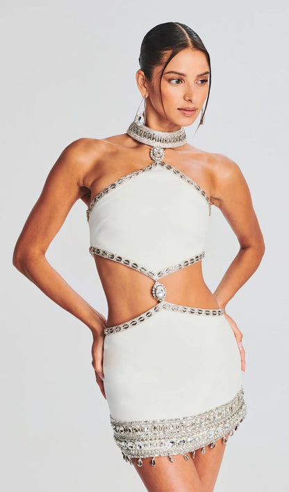 Crystal embellished halter mini dress in white
