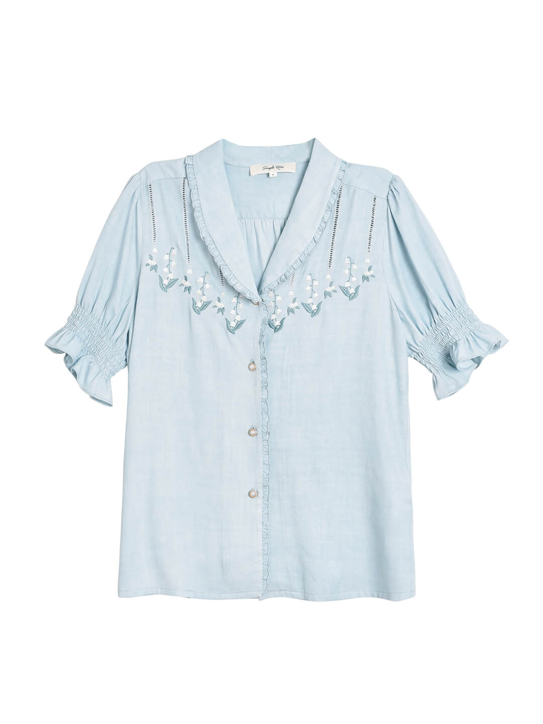 Convallaria Floral Embroidered Blue Puff Top