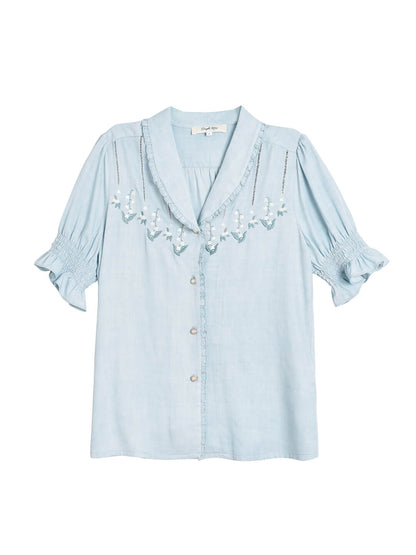 Convallaria Floral Embroidered Blue Puff Top