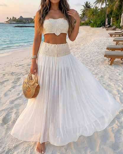 Women's Floral Crochet Two Piece Outfit Tube Top and Drawstring Sheer Maxi Skirt Set with Shorts