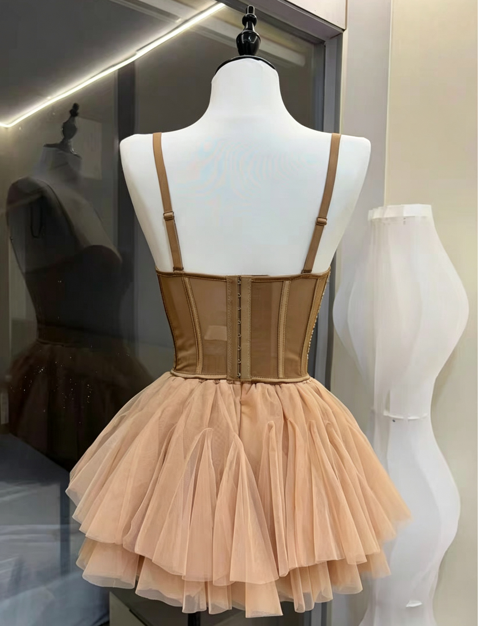 Rhinestone Strap Corset & Fluffy Tulle Mini Skirt Two-Piece Set