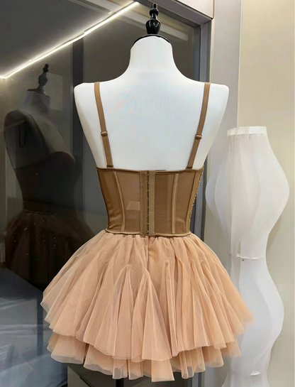 Rhinestone Strap Corset & Fluffy Tulle Mini Skirt Two-Piece Set