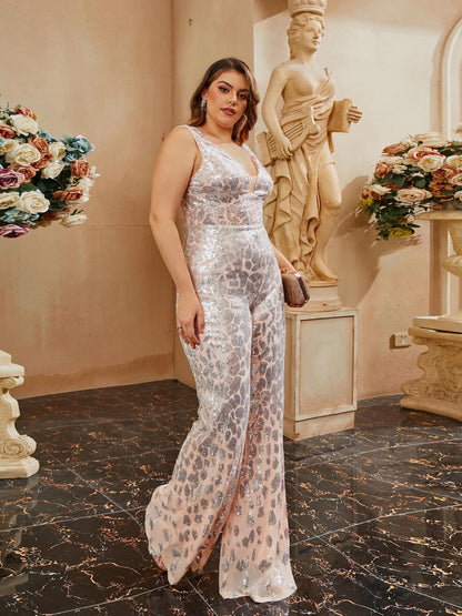 Plus Size V-Neck Backless Sleeveless Sequin Jumpsuits