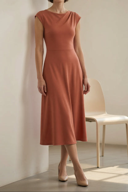 Terracotta Cowl Draped Boat Neck Cap Sleeve Slim Waist Flowy A-Line Midi Dress