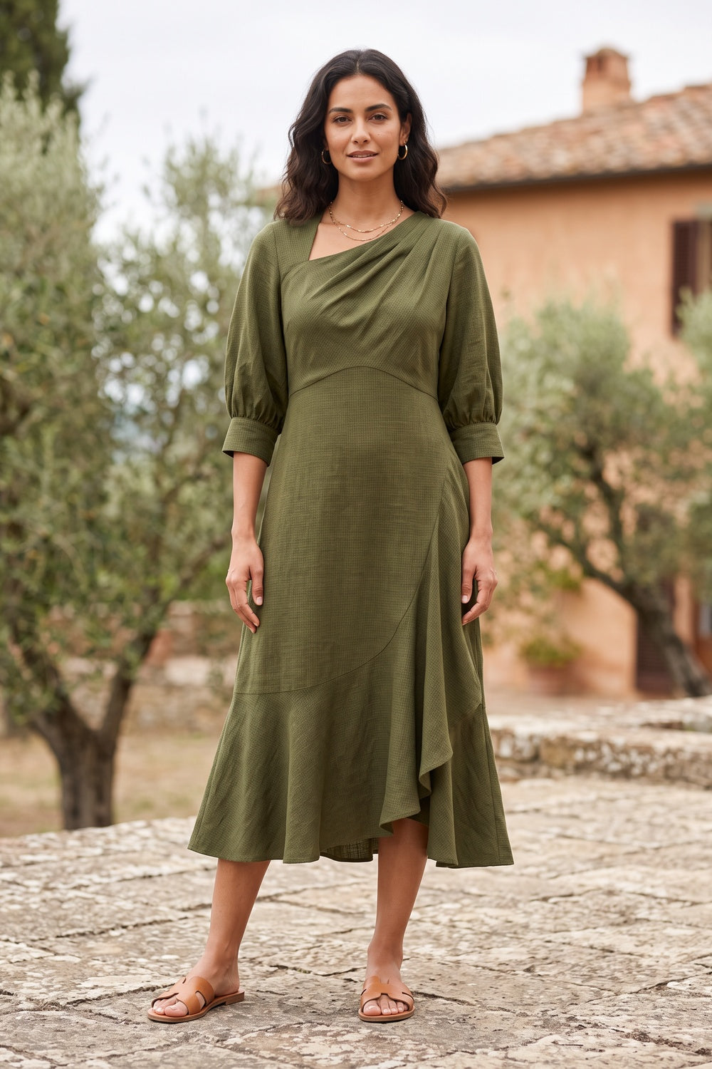Italian Garden premium compact jersey or fluid Tencel blend Midi Dress for creative office clay red premium compact jersey or fluid Tencel blend Midi Dress - product view 1