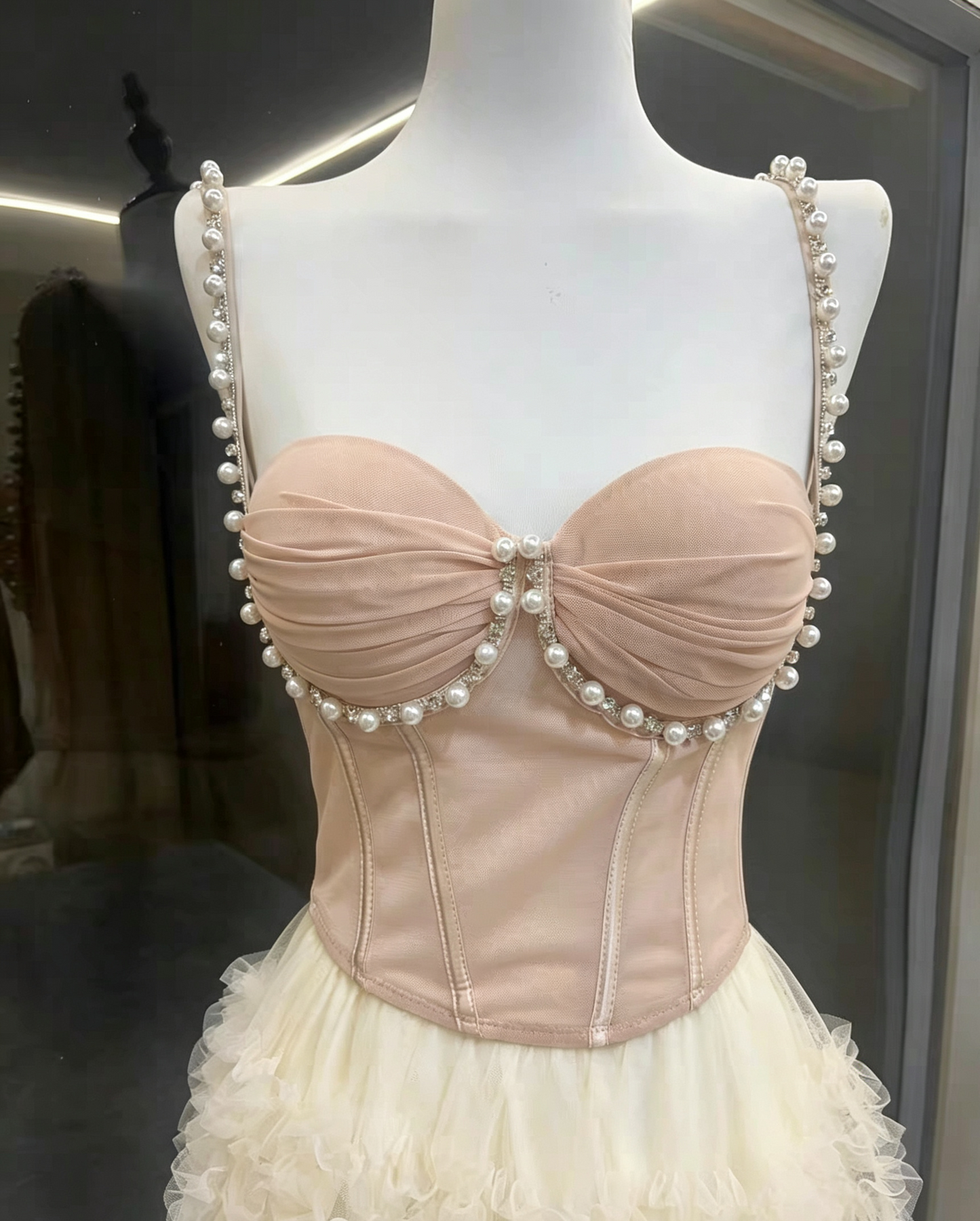 Nude Pearl Strap Sweetheart Corset Top & Tiered Ruffle High Low Tulle Midi Skirt Set