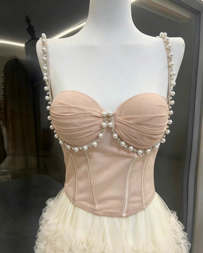 Nude Pearl Strap Sweetheart Corset Top & Tiered Ruffle High Low Tulle Midi Skirt Set