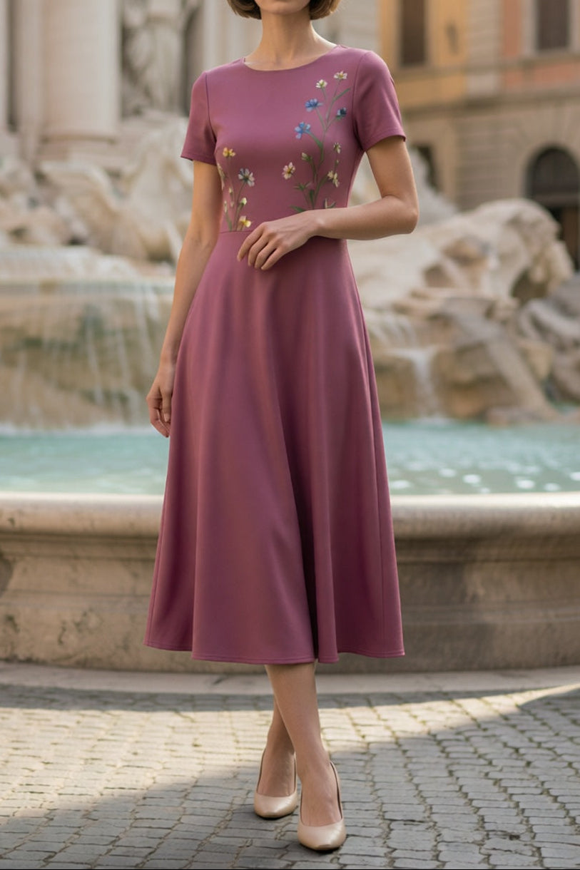 Mauve Crew Neck Short Sleeve Colorful Wildflower Embroidery Flared A-Line Midi Dress