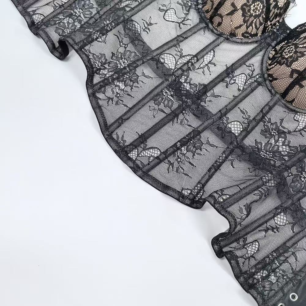 Black Lace Spaghetti Strap Corset Top & Flared Tulle Mini Skirt Set