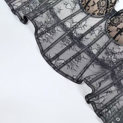 Black Lace Spaghetti Strap Corset Top & Flared Tulle Mini Skirt Set