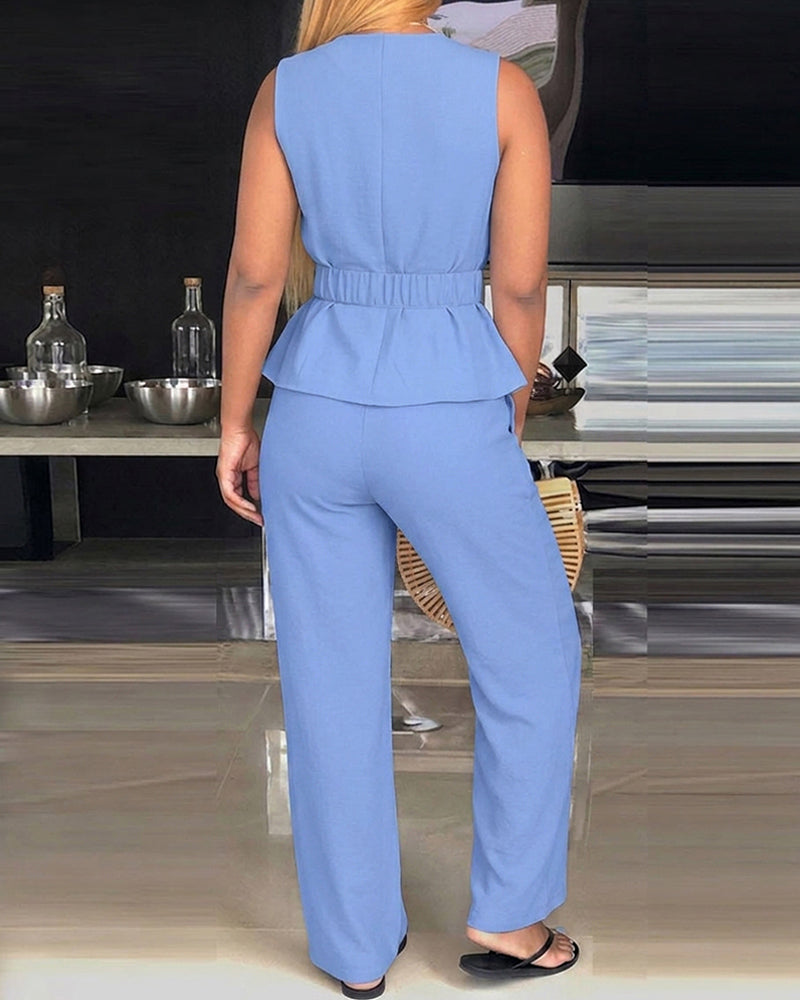 2 Pieces Outfit Pleated Design Deep V-Neck Sleeveless Asymmetrical Hem Top and Casual Elastic Waist Wide Leg Pants Set with Detachable Belt