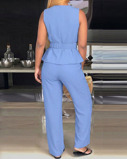 2 Pieces Outfit Pleated Design Deep V-Neck Sleeveless Asymmetrical Hem Top and Casual Elastic Waist Wide Leg Pants Set with Detachable Belt
