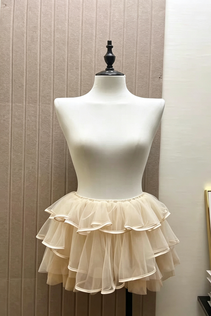 Nude Spaghetti Strap 3D Floral Corset Top & Tiered Satin Trim Tulle Mini Skirt Set