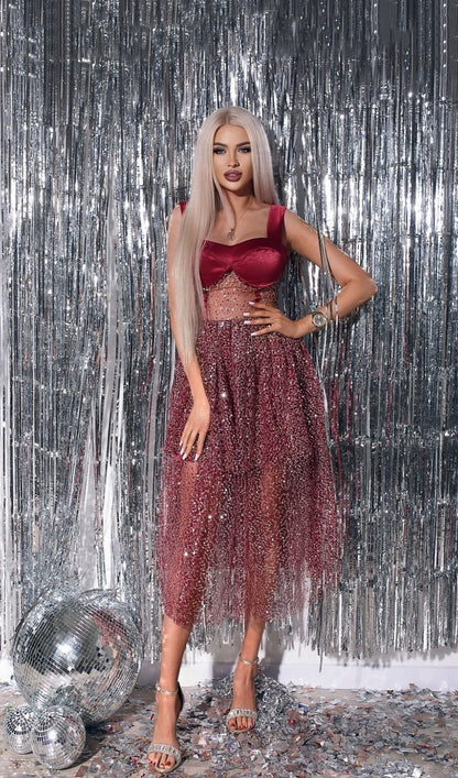 Mesh Midi Dress - Red